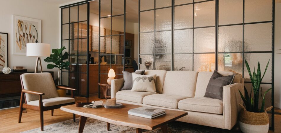 living room with glass partition