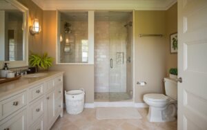 cozy bathroom with shower using frameless door